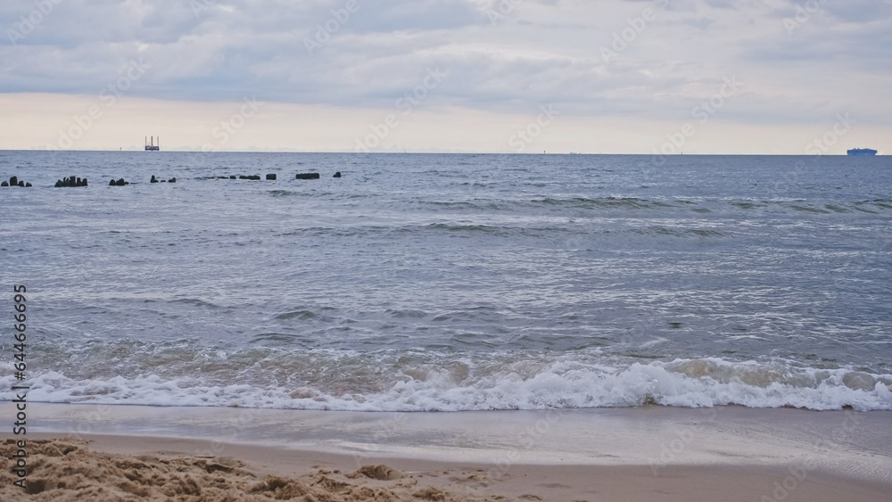 Calm Sea Waves Braking on Seashore on Cloudy Day Afternoon Slow Motion