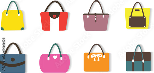 Women handbags collection of fashionable items isolated icons set vector. Bags with zippers and pockets, handles and adjustable shoulder straps lace.