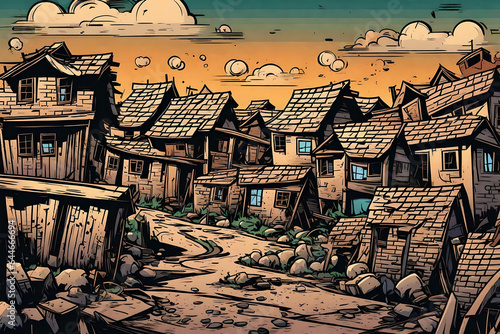 The atmosphere in a slum village with almost collapsed houses and dirty surroundings. Comic style Generative AI