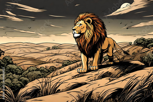 The lion, the king of the jungle, is walking on a hill while looking for prey in his territory. Comic style Generative AI
