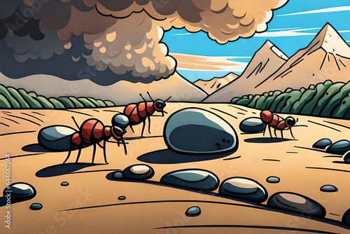 Three ants near the mountain that were emitting smoke were walking hand in hand looking for food. Comic style Generative AI