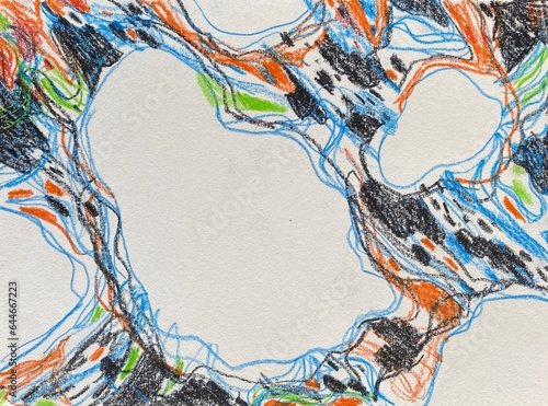 hand drawn abstract background with colored pencils with blue, green, orange lines and dark spots