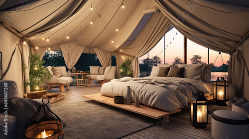 Showcasing the spacious interior of a luxury camping tent with comfortable furnishings