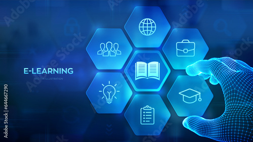 E-learning. Innovative online education concept. Webinar, teaching, online training courses. Skill development. Wireframe hand places an element into a composition visualizing Learning. Vector.