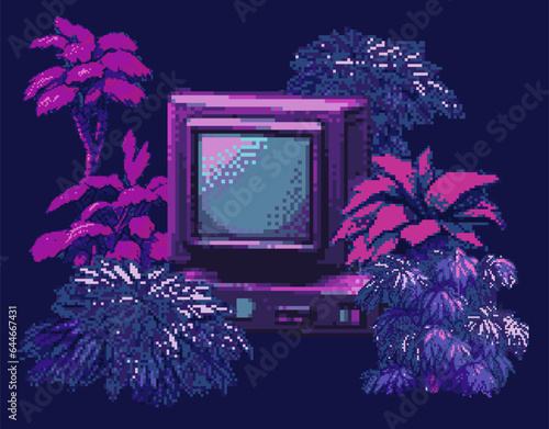 Pixel art icon of an old retro TV or a computer surrounded by fern leaves on a dark background. Surreal vaporwave style illustration. photo