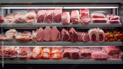 A frozen meat section in the supermarket displays well-ordered selections in a refrigerated cabinet photo