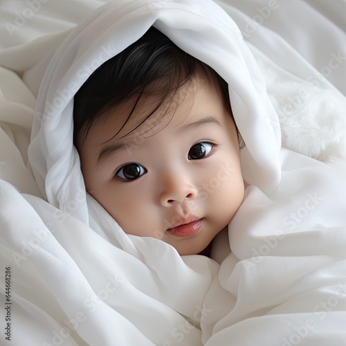 A very cute little asian baby kid wrapped in soft white blanket