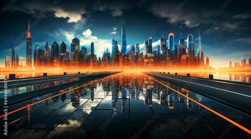 Smart future city skyline at sunset - Abstract technology futuristic cityscape at night  - Modern skyscrapers background.