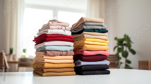 Neat stacks of clothes are set against the gentle blur of a white living room