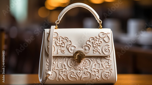 A gracefully designed leather handbag with a classic touch is on display at the boutique