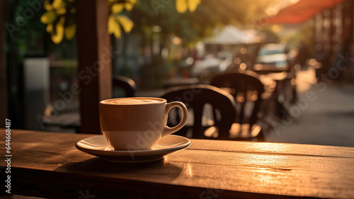 A coffee cup resting on the table at a charming coffee shop by the road