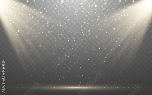 Spotlight background. Gold glitter rays. Product display template. Award ceremony backdrop. Stage template with light and particles. Shiny scene design. Vector illustration