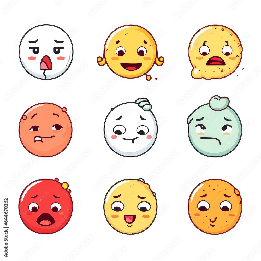 Set of cartoon faces expressions, face emojis, stickers, emoticons, cartoon funny mascot characters face set Set of cartoon faces expressions, face emojis, stickers, emoticons, cartoon funny mascot characters face set