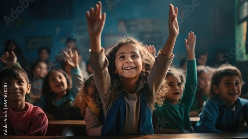 As children raise their hands in class, they smile brightly and raise their hands with confidence © ND STOCK