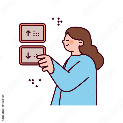 A woman is reading the Braille on an elevator button.