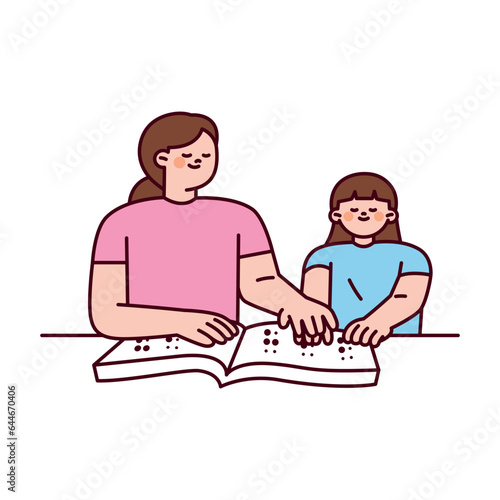 A teacher is teaching Braille to a child. They are putting their fingers on the book together. photo