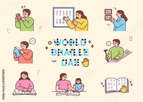 Blind people learning and reading Braille. The necessity of Braille in daily life. Cute style illustration with outlines.
