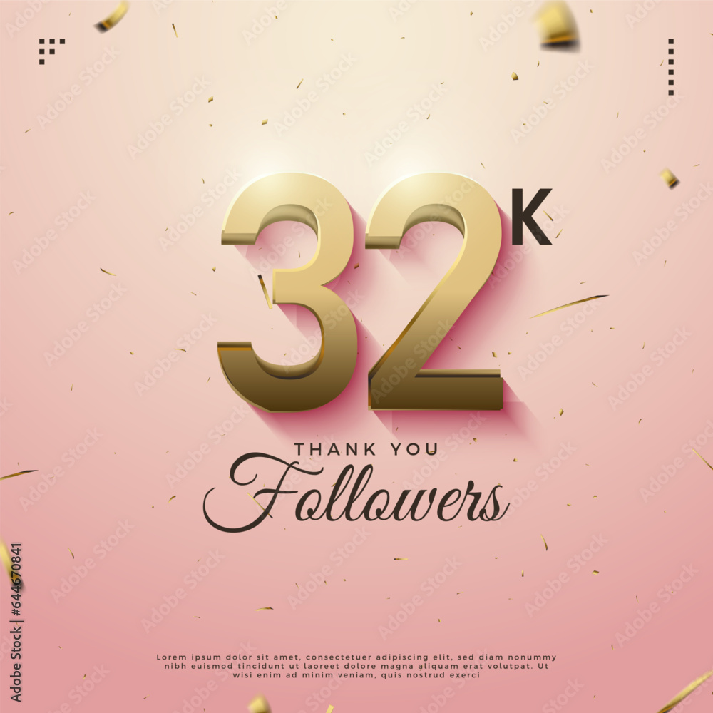 32k followers celebration with golden smooth 2d numbers. vector premium designs.