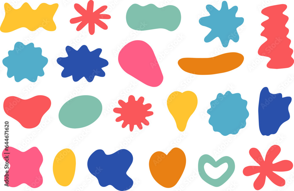 Various abstract elements.Quirky shapes. Hand drawn doodles. Contemporary trendy. Vector illustration. Set of colored icons on white background