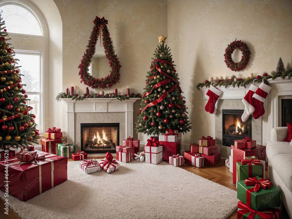 room with Christmas tree, gifts and fireplace