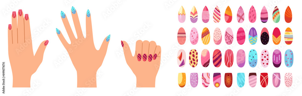 Ideas of nails design art. Bright colorful manicure set. Fashion manicure icons colorful cartoon style, shiny fingernail polish and spa beauty concept. Vector flat isolated set. Ideas of nails design art. Bright colorful manicure set. Fashion manicure icons colorful cartoon style, shiny fingernail polish and spa beauty concept. Vector flat isolated set.