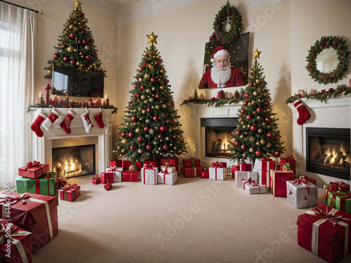 Christmas tree, gifts, fireplace and portrait of Santa Claus
