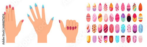Ideas of nails design art. Bright colorful manicure set. Fashion manicure icons colorful cartoon style, shiny fingernail polish and spa beauty concept. Vector flat isolated set.