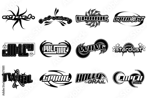 Y2K Logotype Graphic Assets frame Design, Lettering design. Big collection of typography or typeface abstract graphic Pack. y2k elements. stickers, posters, banners, streetwear. Vector illustration