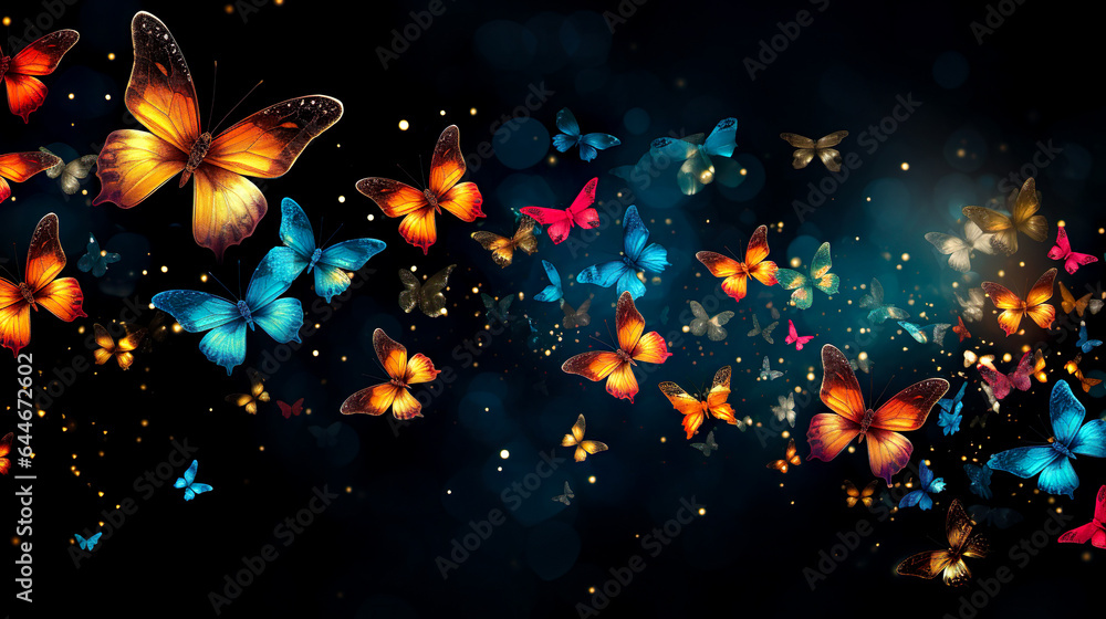 闇夜に舞うカラフルな蝶の群れのイラスト