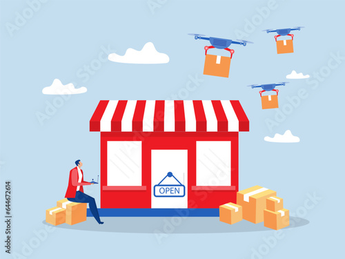Dropshipping business model by  Drone delivery business control drones to deliver packages and boxes, work with warehouse robot arms vector