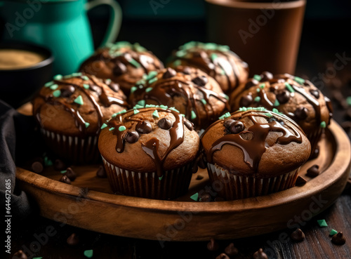 A bunch of chocolate muffin glazed with mint on plate.