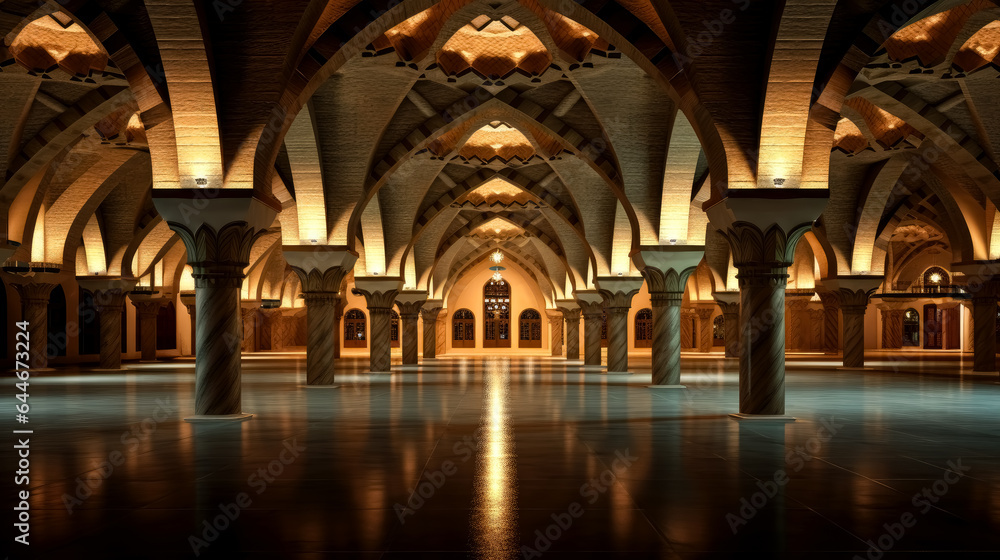 panoramic view inside a mosque at night.
