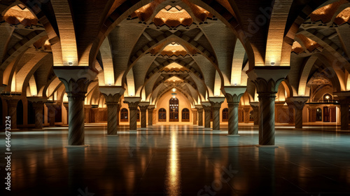 panoramic view inside a mosque at night. 