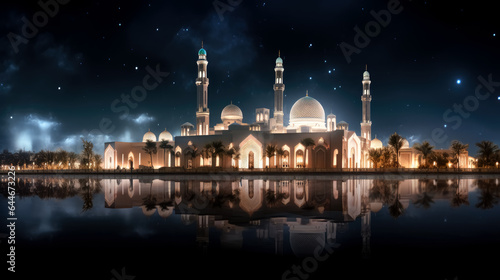 A panoramic view of the mosque at night in Qatar.