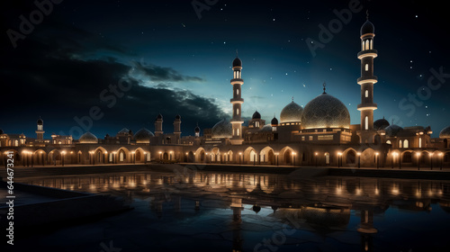 A panoramic view of the mosque at night in Qatar.