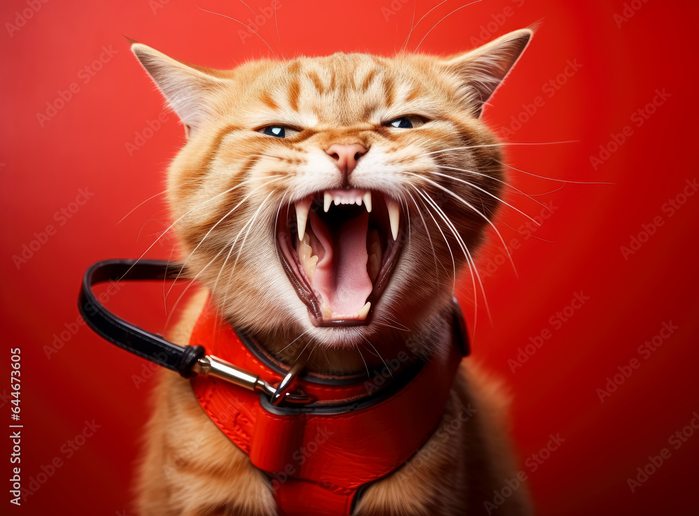 Angry orange cat screaming with its mouth wide open. Angry kitten
