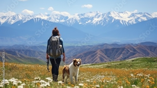 A backpacker travels with dog on vacation. © ANEK