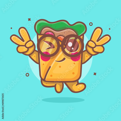 cool burrito food character mascot with peace sign hand gesture isolated cartoon in flat style design 