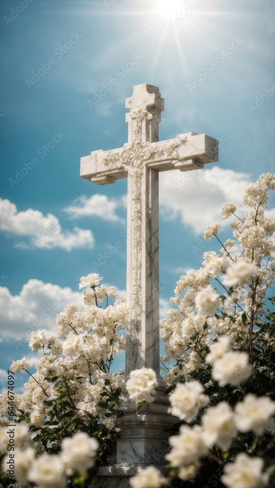 marble cross with flowers on a beautiful blue sky for wake