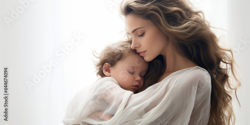Happy mommy holding her newborn kid, copy space