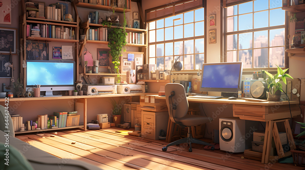 lofi living room with study table, anime style