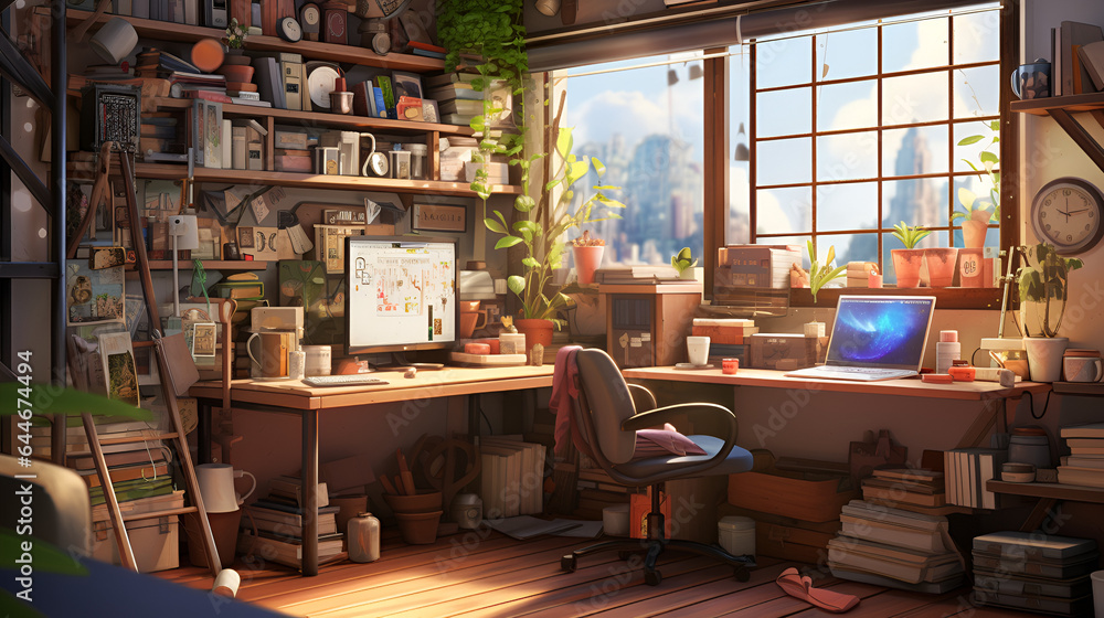 lofi living room with study table, anime style lofi living room with study table, anime style