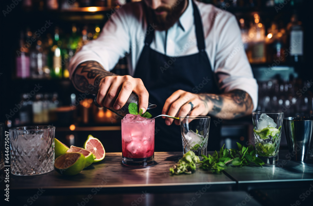 Bartender pouring Cocktail close up in a bar setting. Bartender pouring Cocktail close up in a bar setting.