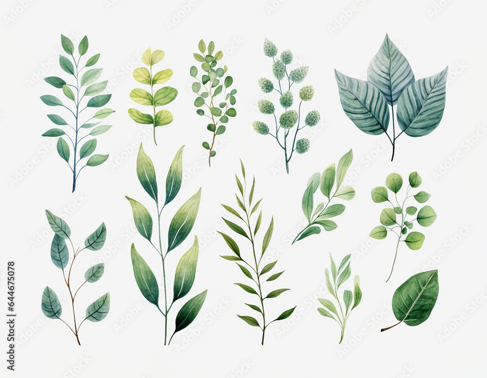 Collection of various green leaves in watercolor. On white color background Collection of various green leaves in watercolor. On white color background