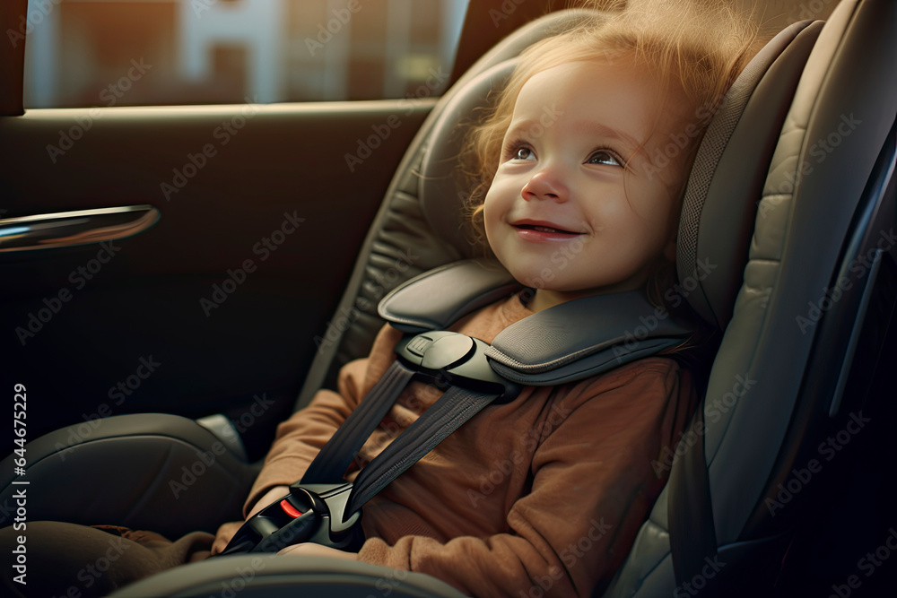 Cute little girl sitting in child safety seat inside car. Danger prevention. Happy kid in a