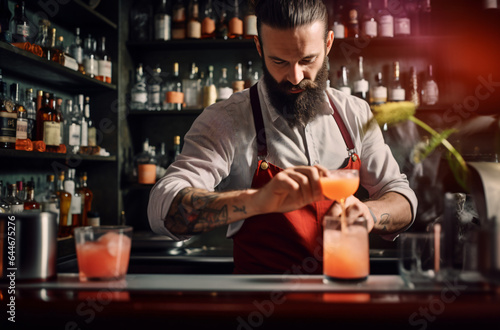 Expert barman is making cocktail at night club or bar. Glass of fiery cocktail on the bar counter against the background of bartenders hands with fire. Barman day concept photo