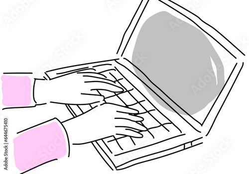 ノートパソコンで作業する女性の手シンプル線画