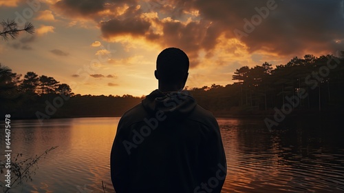 African American man looking out at a lake horizon at sunset photo