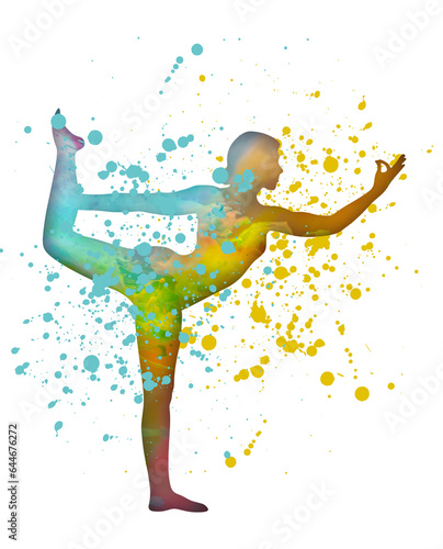 Fototapeta Naklejka Na Ścianę i Meble -  Watercolor Print Yoga Pose Silhouette with Paint Drips 5/47