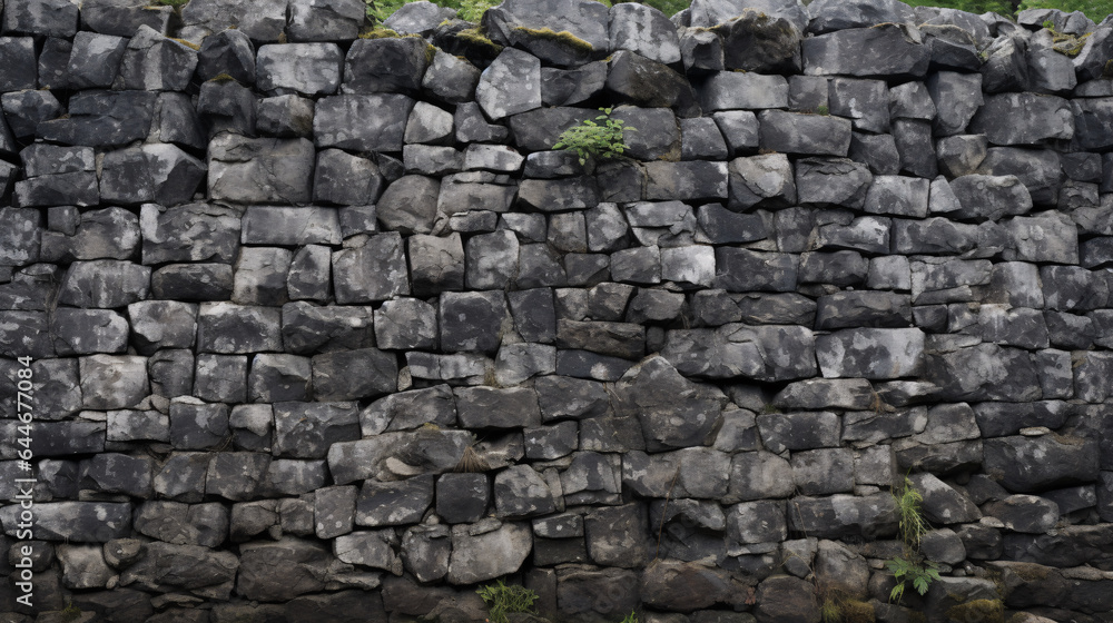 Fototapeta premium A rough cobblestone moss-covered grey stone wall